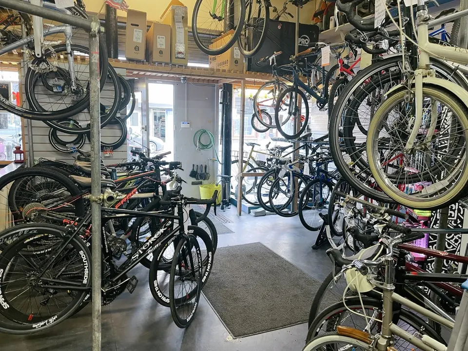 Bikes lined up on the shop floor and hanging from the ceiling at Gear Bikes