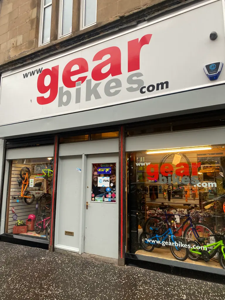 The Gear Bikes shopfront on Gibson Street, with the red and grey gearbikes.com sign