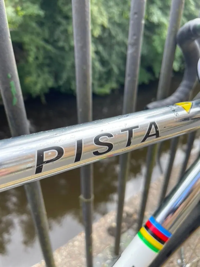 A Pista track frame by the river railings