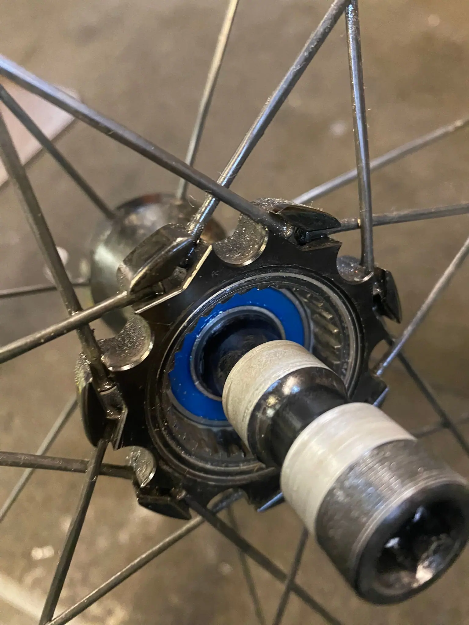 A wheel hub and its bearing, close up in the workshop