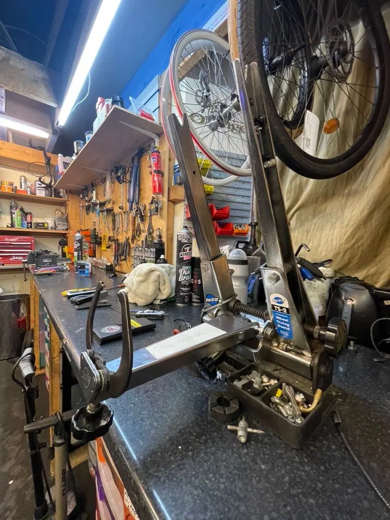 A bike in the workshop stand