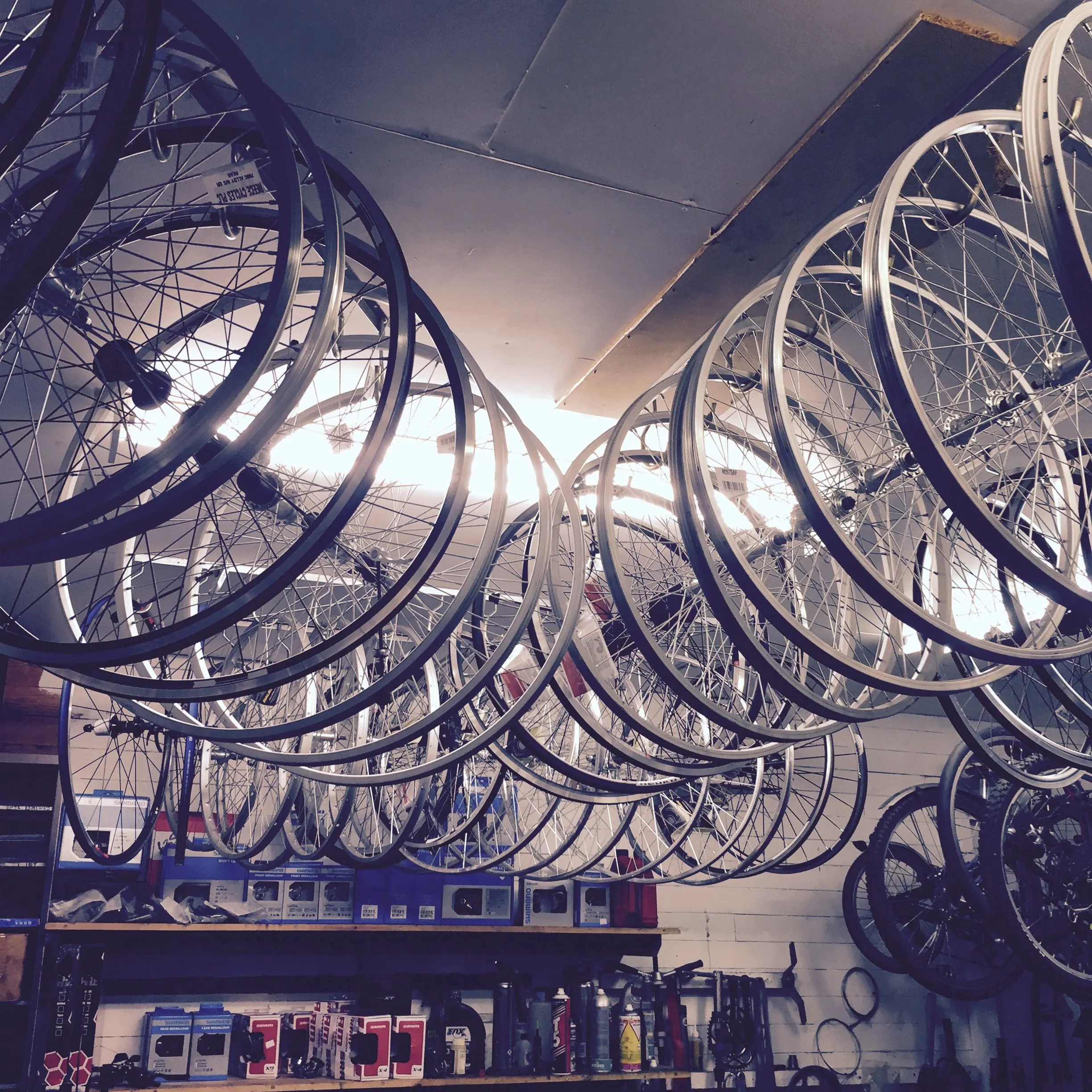 Wheels hanging from the workshop ceiling