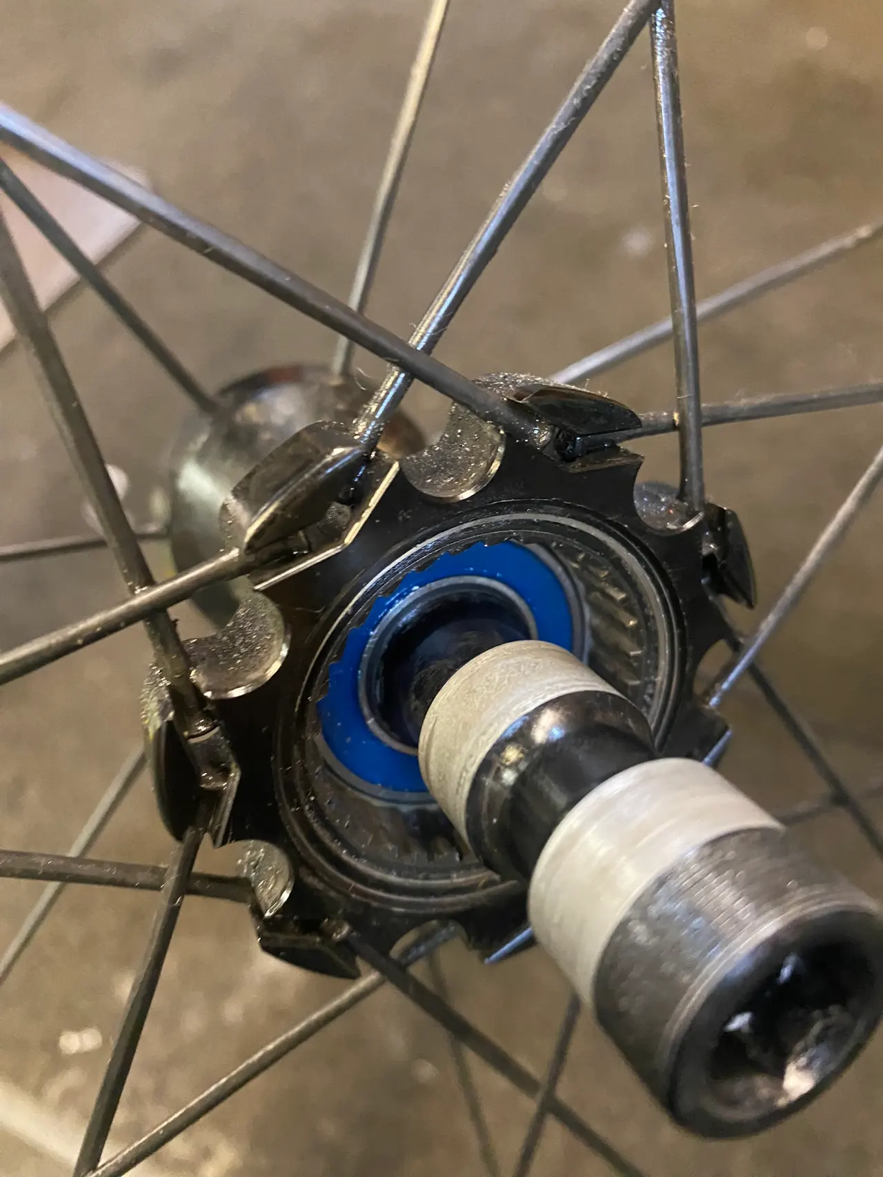 A wheel hub and its bearing, close up in the workshop